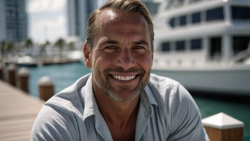 A smiling man with close-cropped hair and a beard, wearing a light blue shirt, sitting on a dock with a yacht and city skyline in the background.