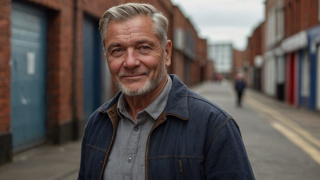 An elderly man with grey hair and a beard smiling at the camera in a city street, wearing a blue shirt and jacket.