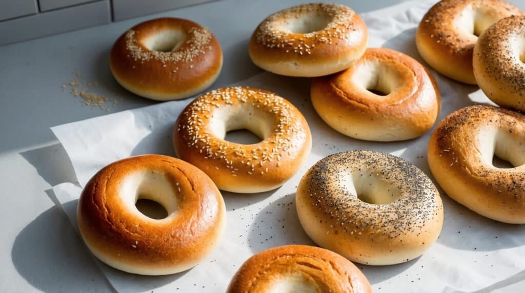 A variety of flavorful bagels, some topped with sesame and poppy seeds, rest on parchment paper on a white countertop, showcasing a delightful homemade bagel recipe.