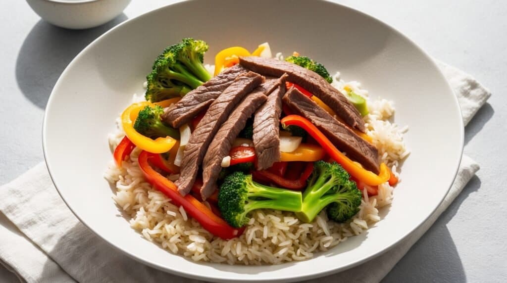 A plate of sliced beef with bell peppers and broccoli served over a bed of white rice, this quick beef recipe is perfect for a satisfying meal.