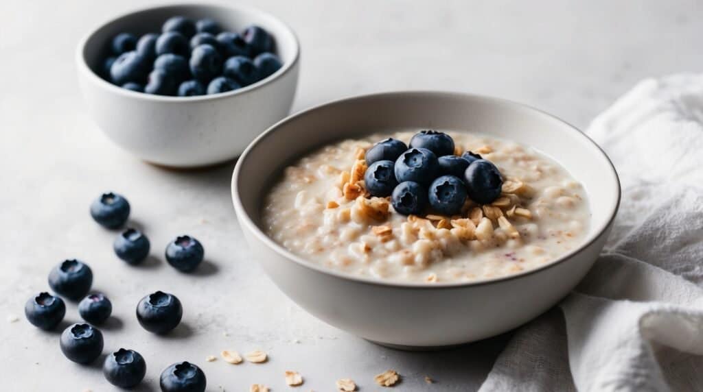A bowl of hearty oatmeal topped with blueberries and nuts sits beside a bowl of fresh blueberries, scattered oats, and more blueberries on a light-colored surface—perfect for your next delicious oatmeal recipe.