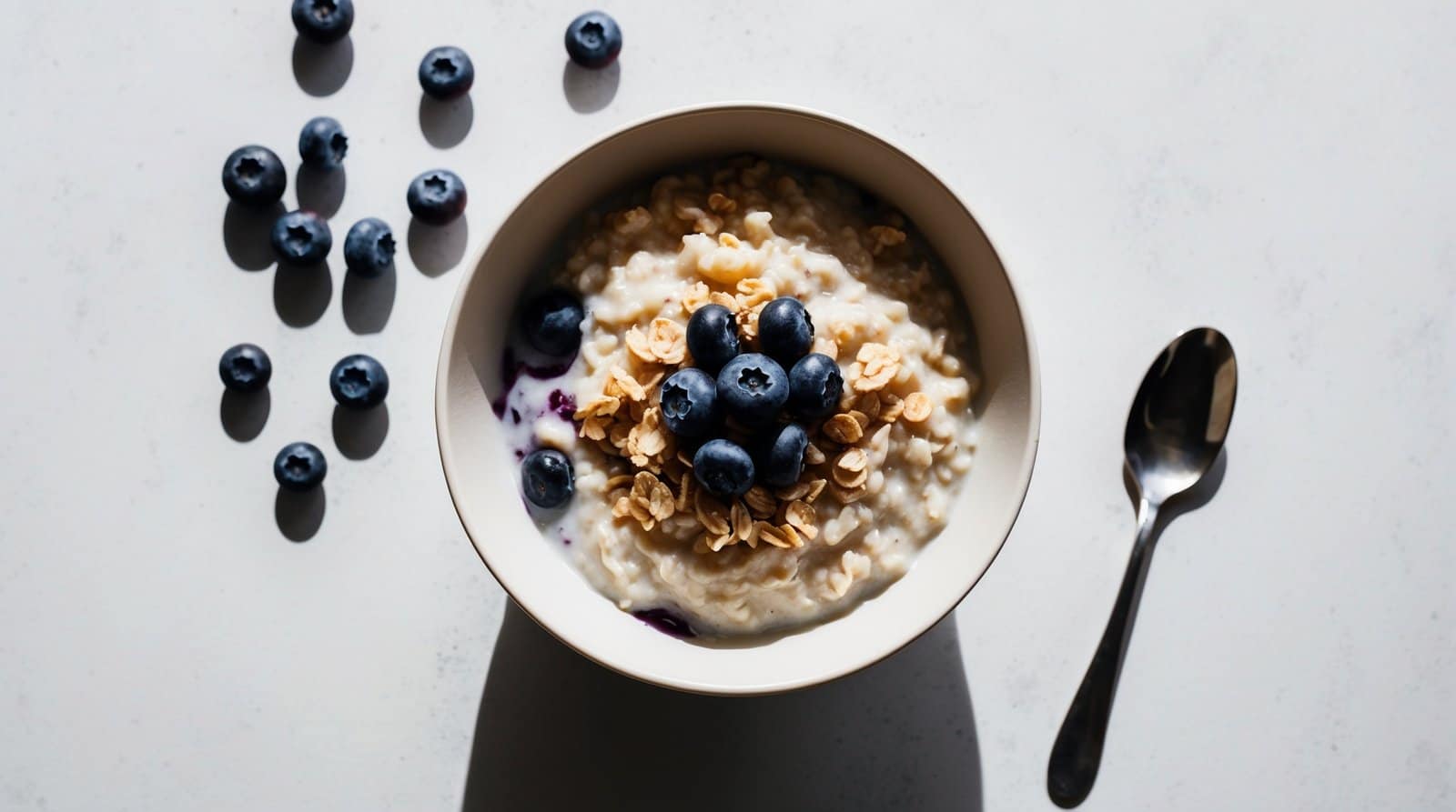 A delicious recipe featuring a bowl of oatmeal topped with granola and fresh blueberries, with scattered blueberries and a spoon on the side.
