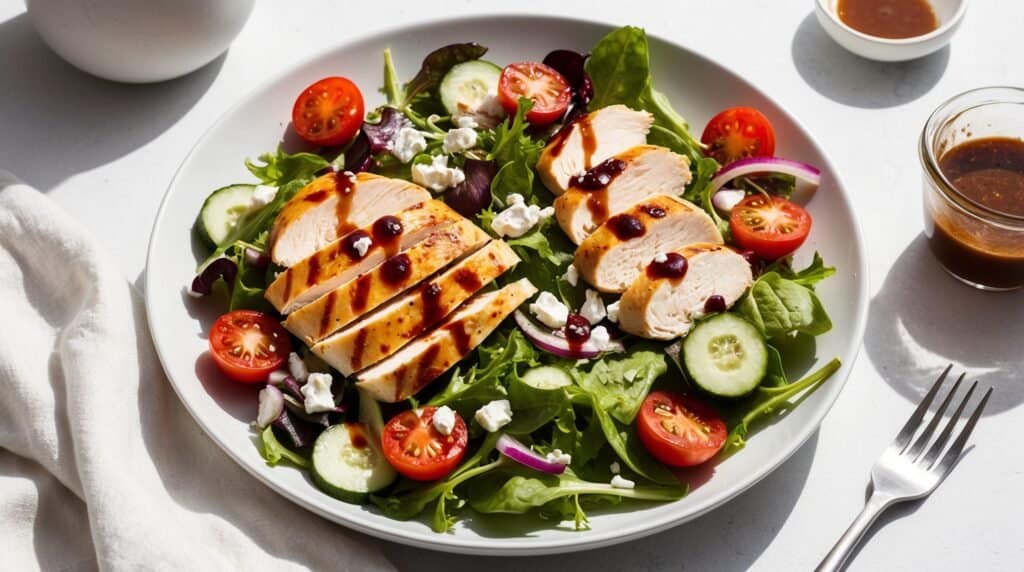 A fresh and nutritious chicken salad featuring sliced grilled chicken, cherry tomatoes, cucumber slices, red onion, and feta cheese on a bed of mixed greens, all garnished with a drizzle of dressing. A fork and extra dressing on the side make this recipe perfect for any meal.