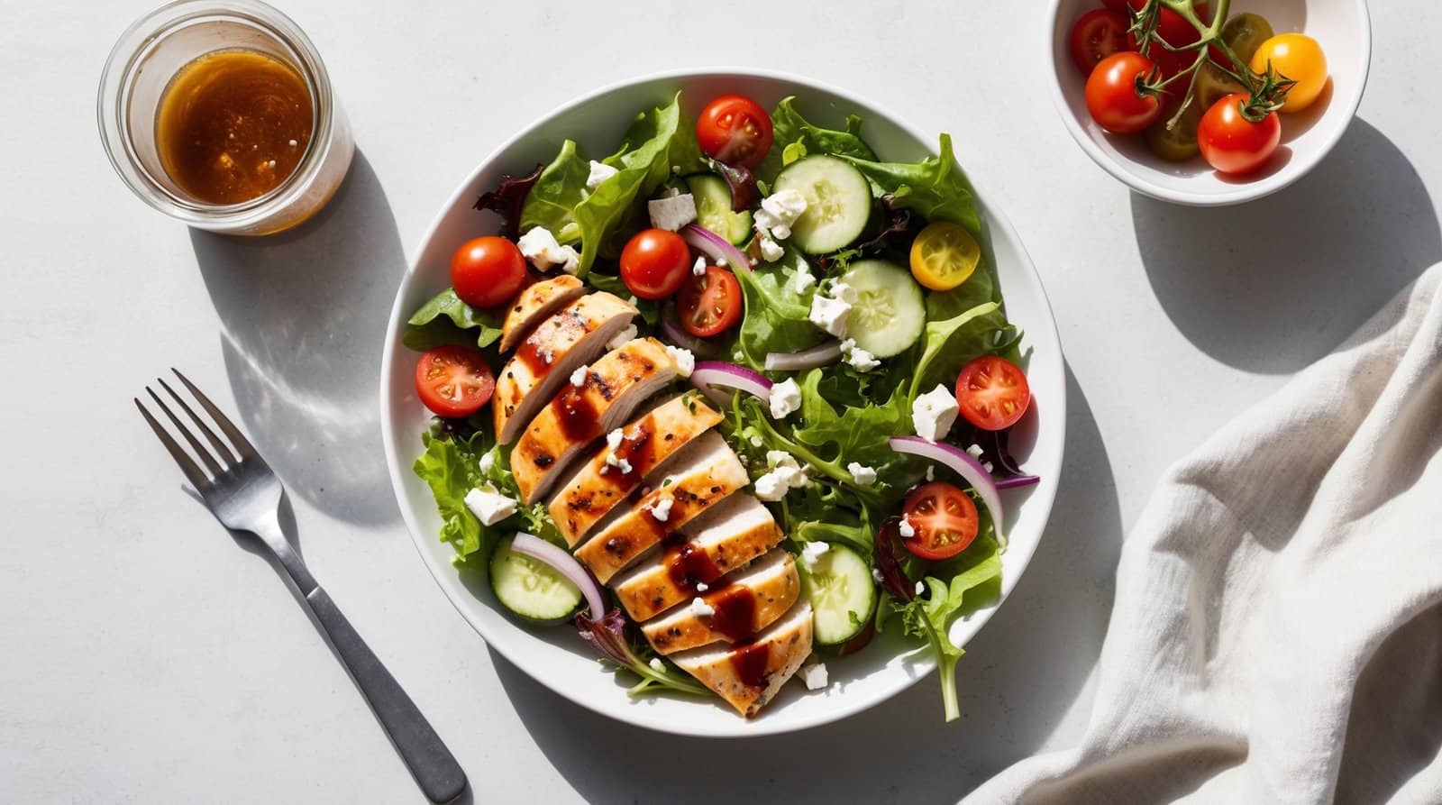 A plate of nutritious chicken salad with sliced grilled chicken, cherry tomatoes, cucumber slices, red onion, and feta cheese. A jar of dressing, a small bowl of cherry tomatoes, a fork, and a napkin are nearby. Perfect for those seeking a healthy recipe.