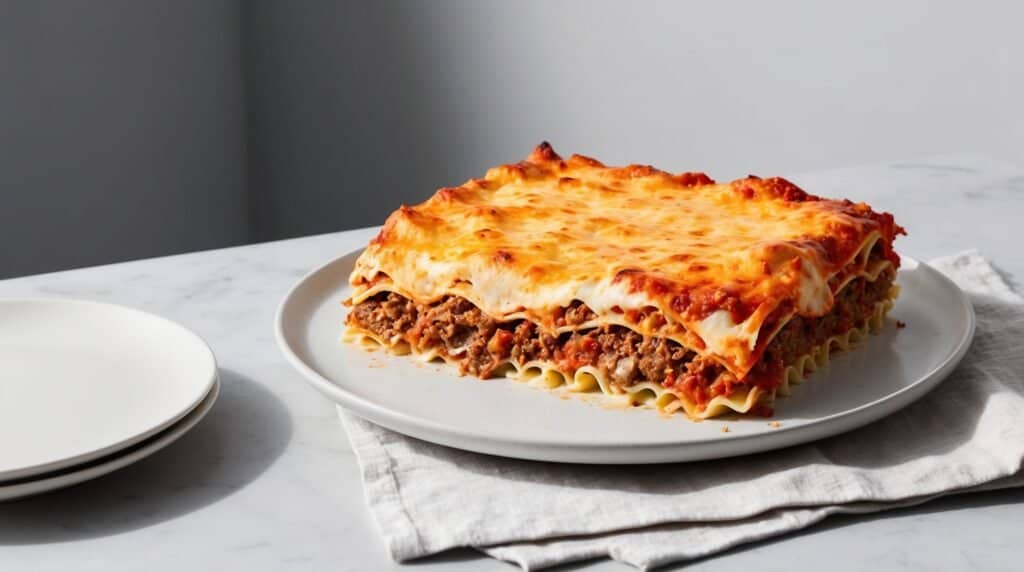 A large slice of lasagna, crafted from a classic lasagna recipe with rich béchamel sauce, rests on a white plate atop a white napkin on a marble surface. Nearby, a stack of empty white plates awaits.