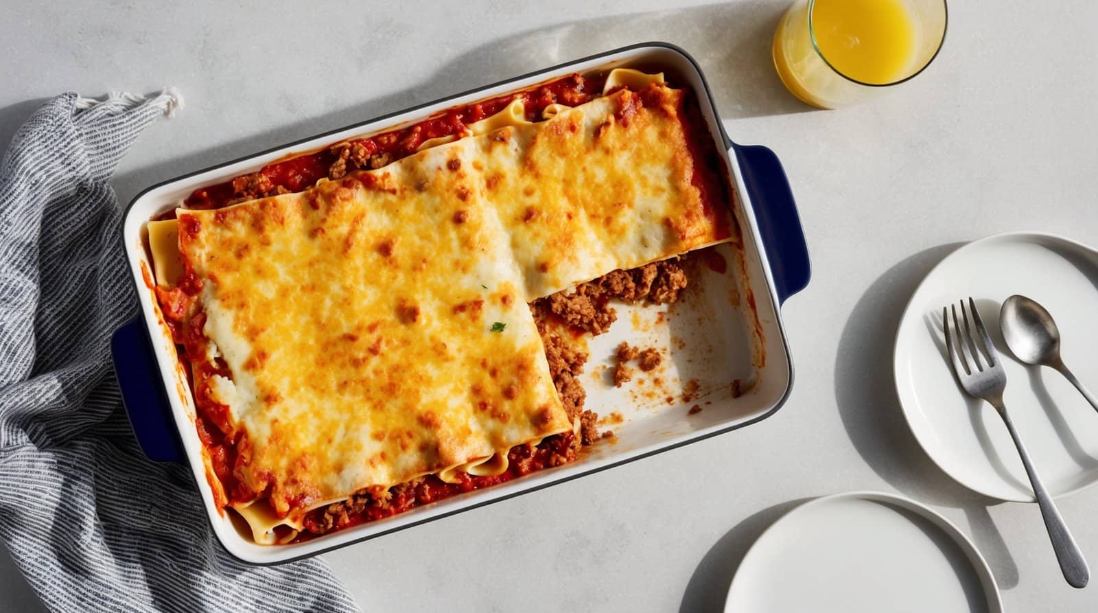 Baked classic lasagna with a portion missing in a rectangular dish, accompanied by a glass of orange juice, a striped cloth, and a white plate with utensils on a white surface. This delightful recipe features layers of pasta, rich béchamel sauce, and savory meat filling.