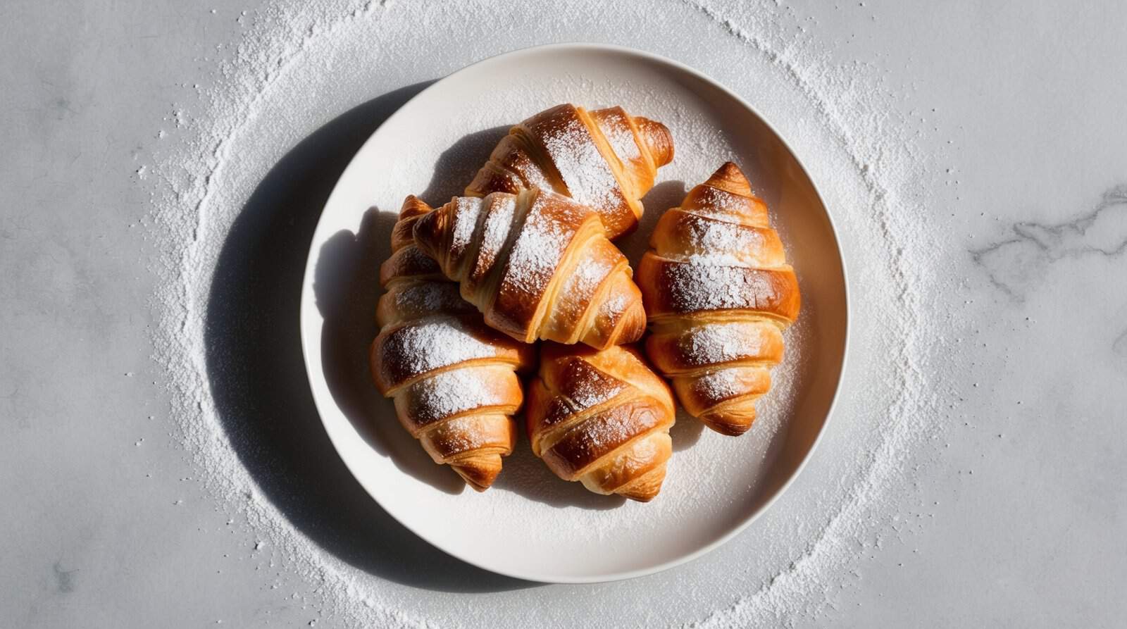A plate of croissants dusted with powdered sugar sits on a marble countertop, reminiscent of a classic Italian Cornetto recipe, with a circular sprinkle of powdered sugar surrounding the plate.