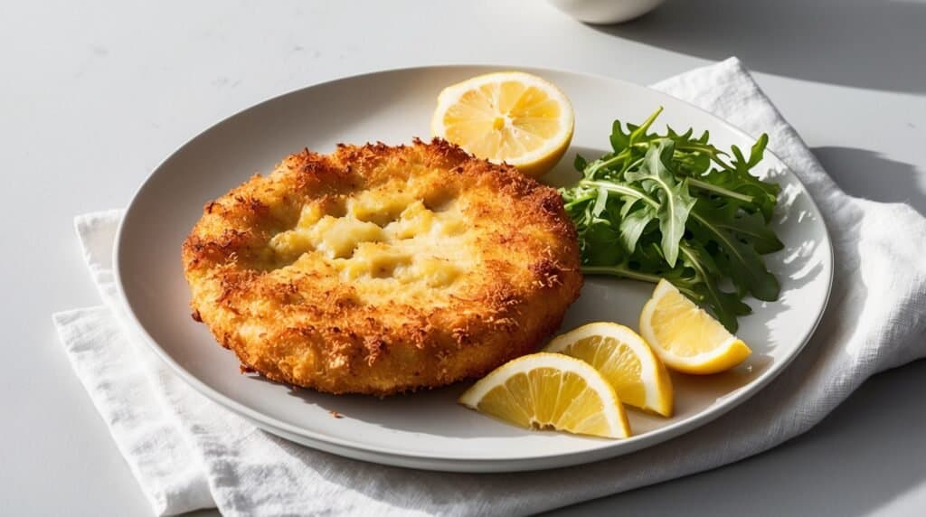A plate with a breaded, fried dish garnished with lemon slices and a serving of arugula, presented on a white cloth—a beautifully auto-drafted presentation.