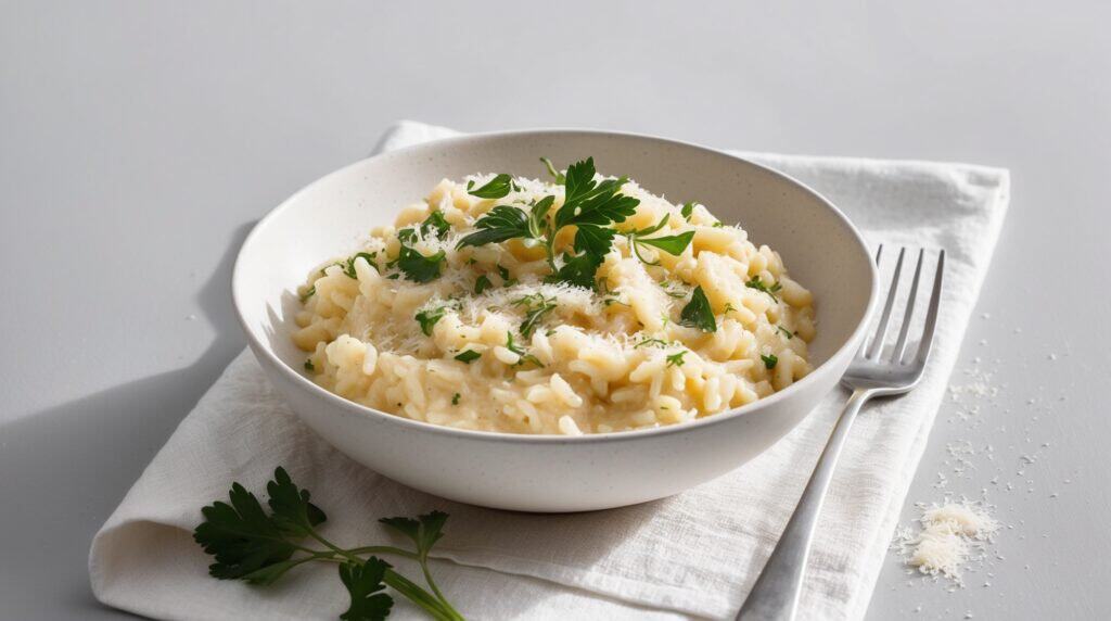 A bowl of classic, creamy risotto garnished with parsley and grated cheese. A fork is placed on a napkin beside the bowl.