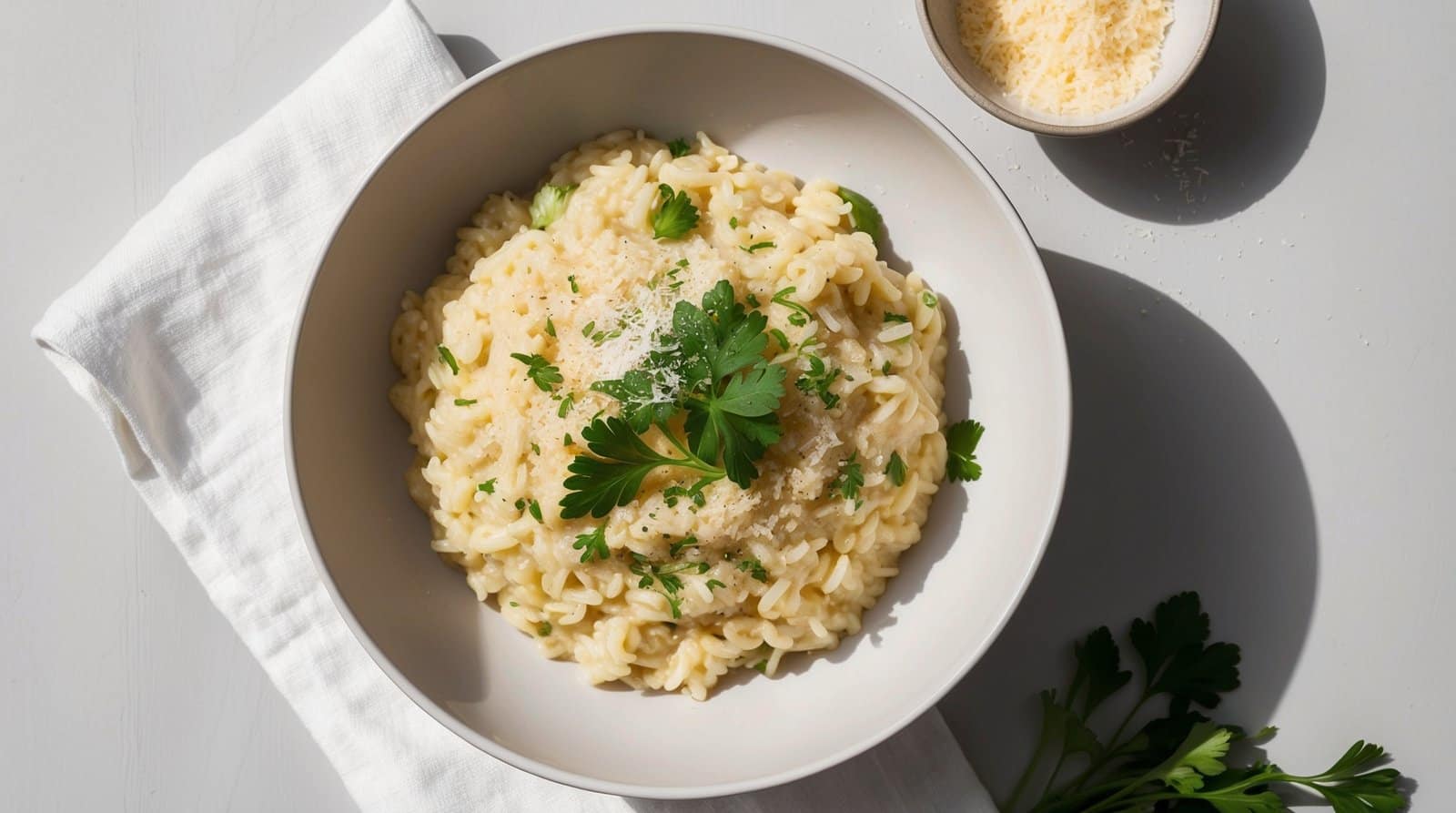 A bowl of classic, creamy risotto garnished with parsley, placed on a white napkin, next to a small bowl of grated cheese and a few parsley leaves—a timeless recipe favorite.