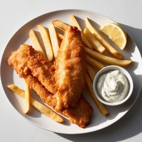 A plate with two pieces of classic fish, French fries, a lemon wedge, and a small bowl of tartar sauce on a white surface.