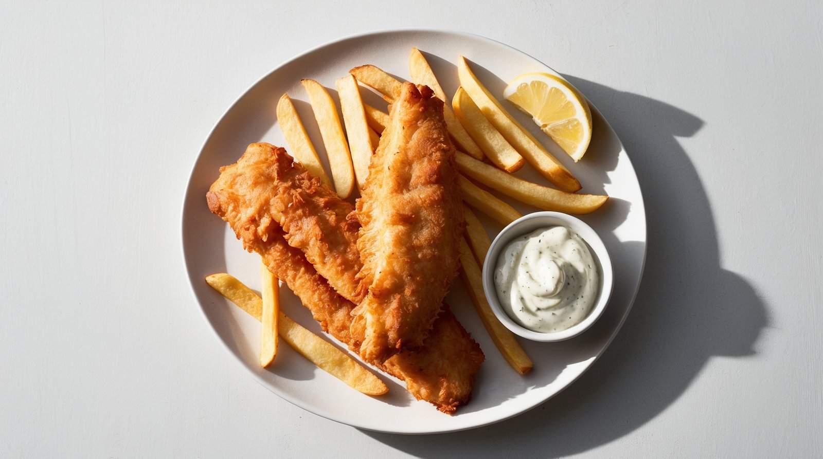 A plate with two pieces of classic fish, French fries, a lemon wedge, and a small bowl of tartar sauce on a white surface.