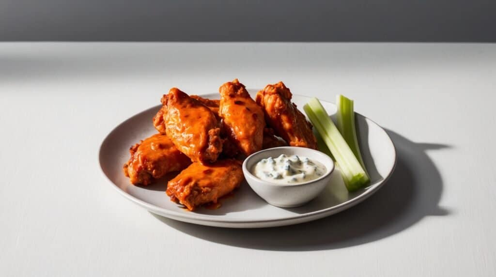 A plate of spicy chicken wings with a small bowl of blue cheese dressing and celery sticks on the side.