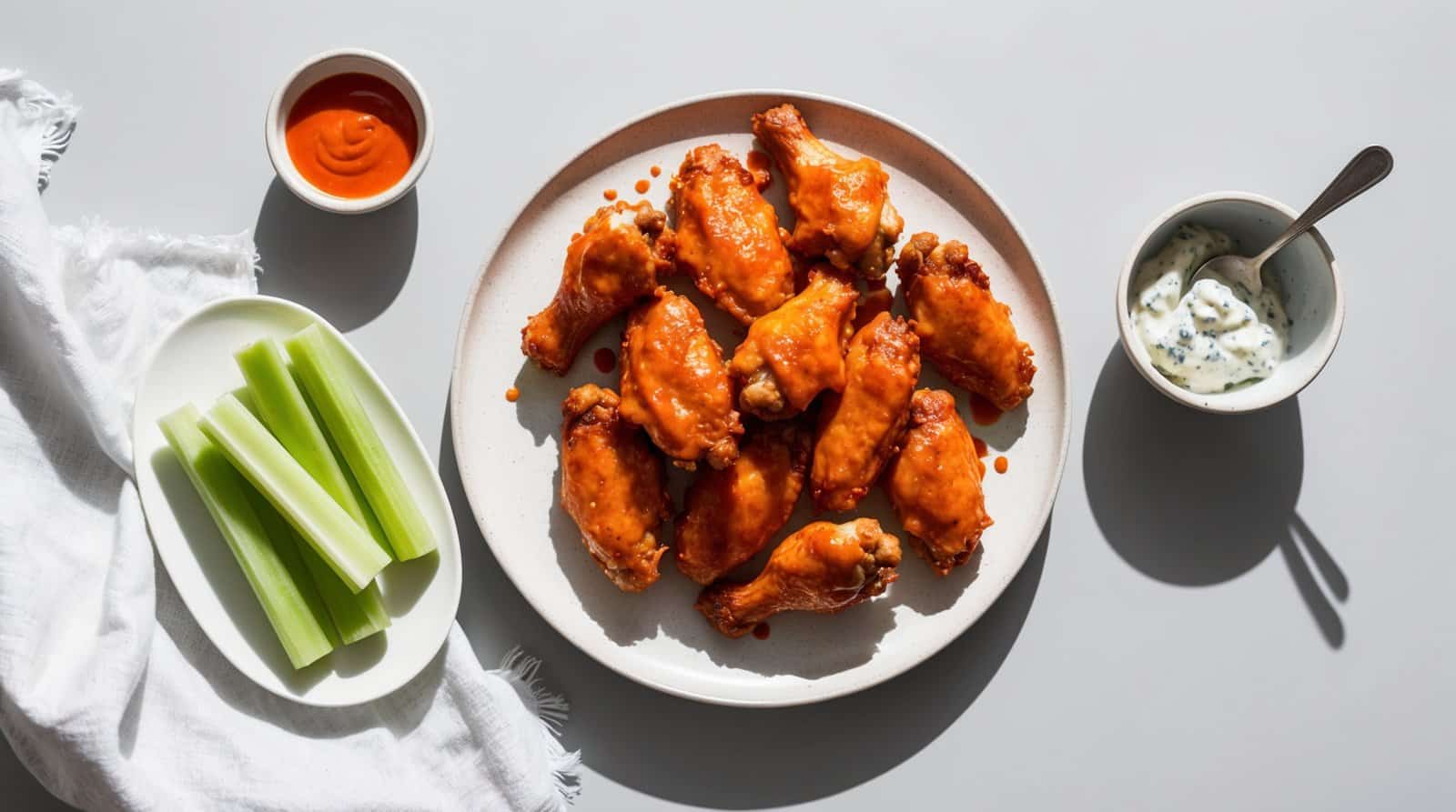 Plate of buffalo chicken wings, a side of celery sticks, blue cheese dip in a bowl with a spoon, and a small dish of hot sauce—all set on a plain white background for the perfect spicy chicken wings recipe.
