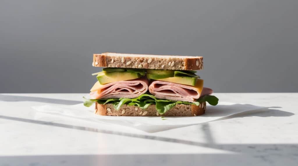 A Fieldwork Sandwich with seeded whole grain bread, layers of lettuce, ham, cheese, and avocado sits on a white surface with a gray background. Perfect for lunch on the go.