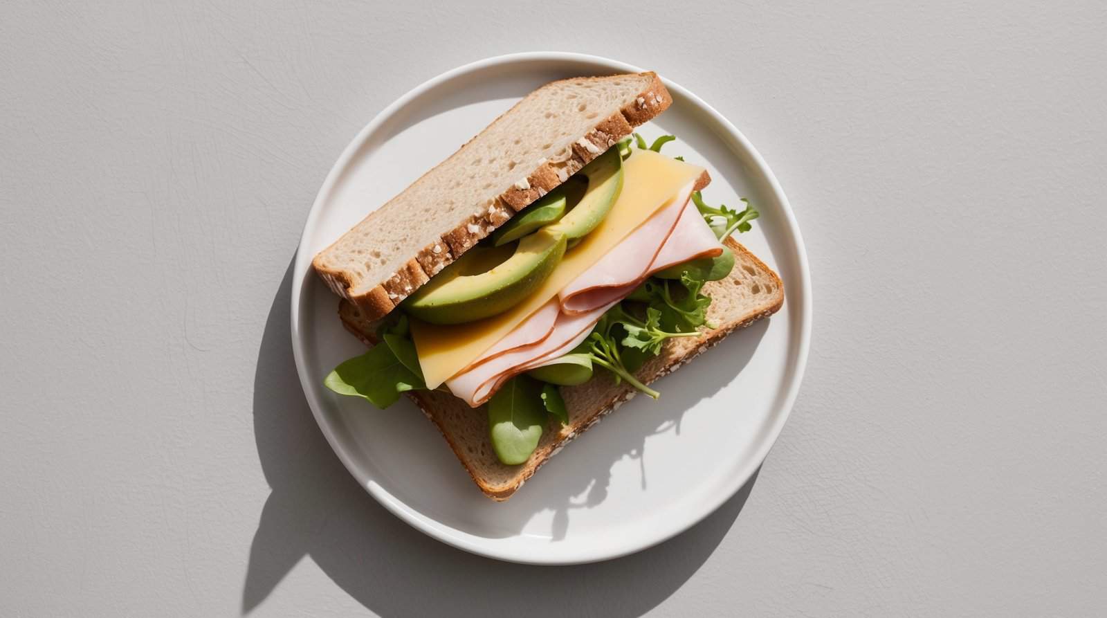A Fieldwork Sandwich: Whole grain bread, fresh lettuce, creamy avocado, turkey slices, cheese, and arugula served on a white plate. Perfect lunch for those on the go.
