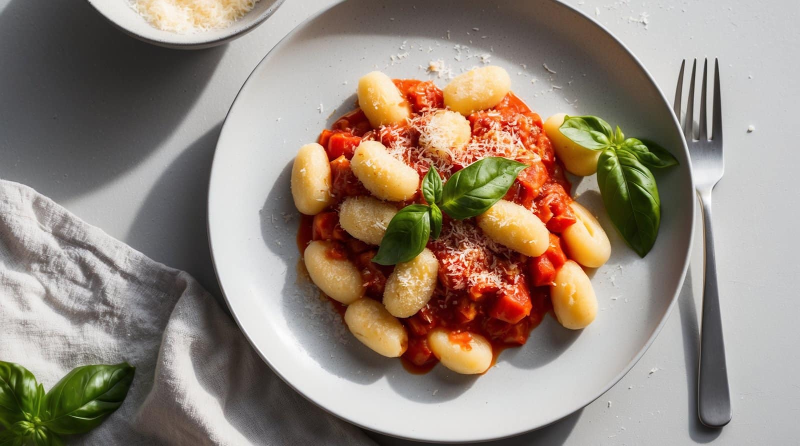 A plate of homemade gnocchi with tomato sauce, garnished with grated cheese and fresh basil leaves, next to a bowl of grated cheese, a fork, and a cloth napkin.