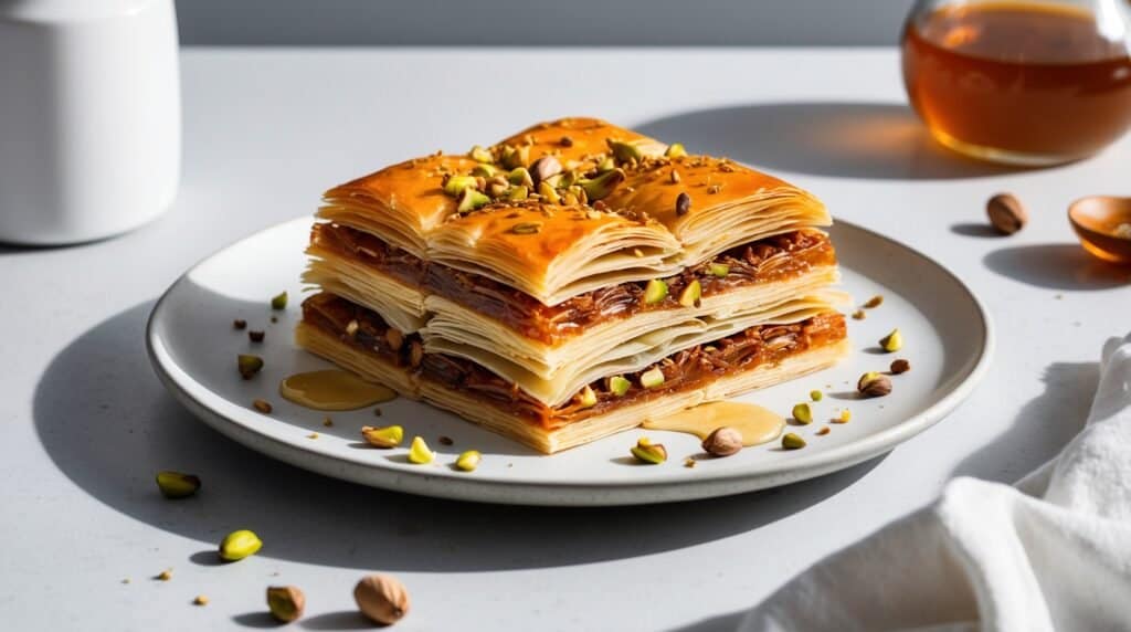 A plate with a square stack of traditional Turkish baklava, topped with chopped pistachios and surrounded by honey and scattered nuts. A jar of honey and a white cloth are in the background, perfect for adding an authentic touch to your recipe collection.