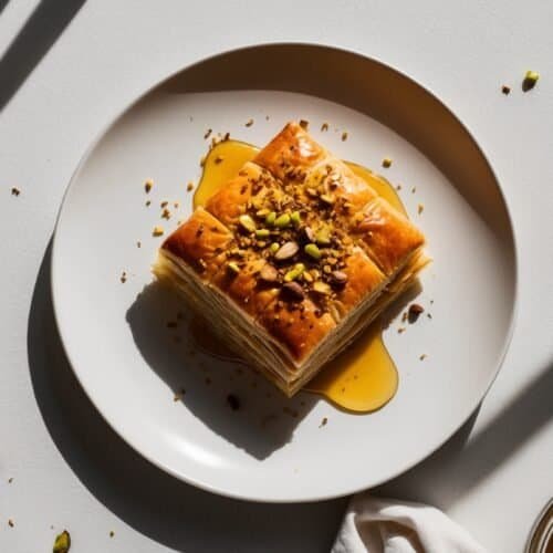 A slice of traditional Turkish Baklava topped with crushed pistachios and drizzled with honey sits on a white plate, with scattered pistachio pieces around it and a cup of honey on the side—a perfect recipe for an authentic treat.