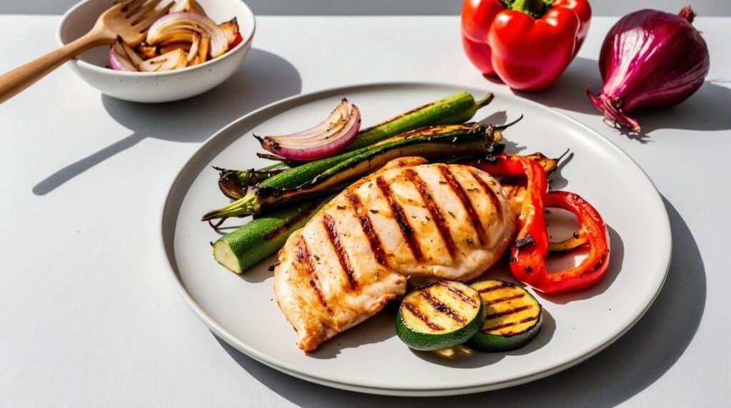 A plate with a grilled chicken breast, grilled zucchini slices, bell pepper rings, and green beans showcases a simple recipe for a nutritious meal. A bowl of grilled onion wedges, a whole red bell pepper, and a red onion are also visible.