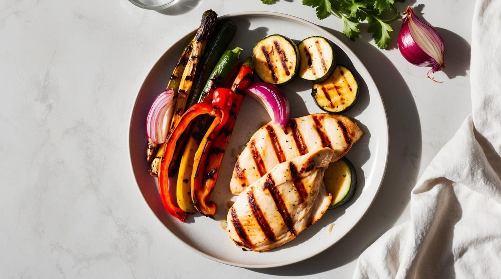 A plate with grilled chicken breast, zucchini slices, bell pepper strips, red onion, asparagus, and a piece of parsley on the side makes for a delicious and simple veggies recipe.