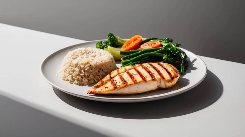 A plate with Healthy Grilled Chicken breast, a serving of white rice, and steamed vegetables including broccoli and tomatoes on a white surface.