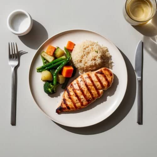 A plate with grilled chicken breast, steamed vegetables, and white rice, placed between a fork and knife. A small bowl of salt and a glass of white wine are also visible, completing this healthy meal.