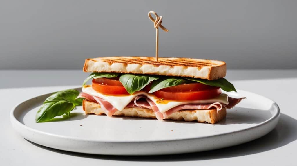 A neatly assembled classic Italian sandwich with grilled bread, ham, cheese, tomato slices, and basil, held together by a wooden skewer and served on a white plate with a few basil leaves on the side. This delicious panini recipe is perfect for any meal.