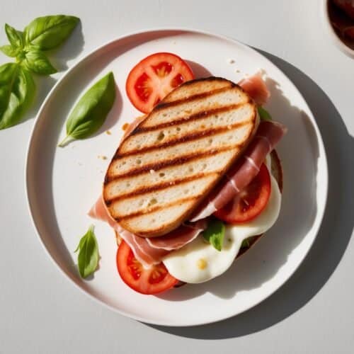 A classic Italian grilled panini with tomatoes, mozzarella, and prosciutto on a white plate garnished with basil.