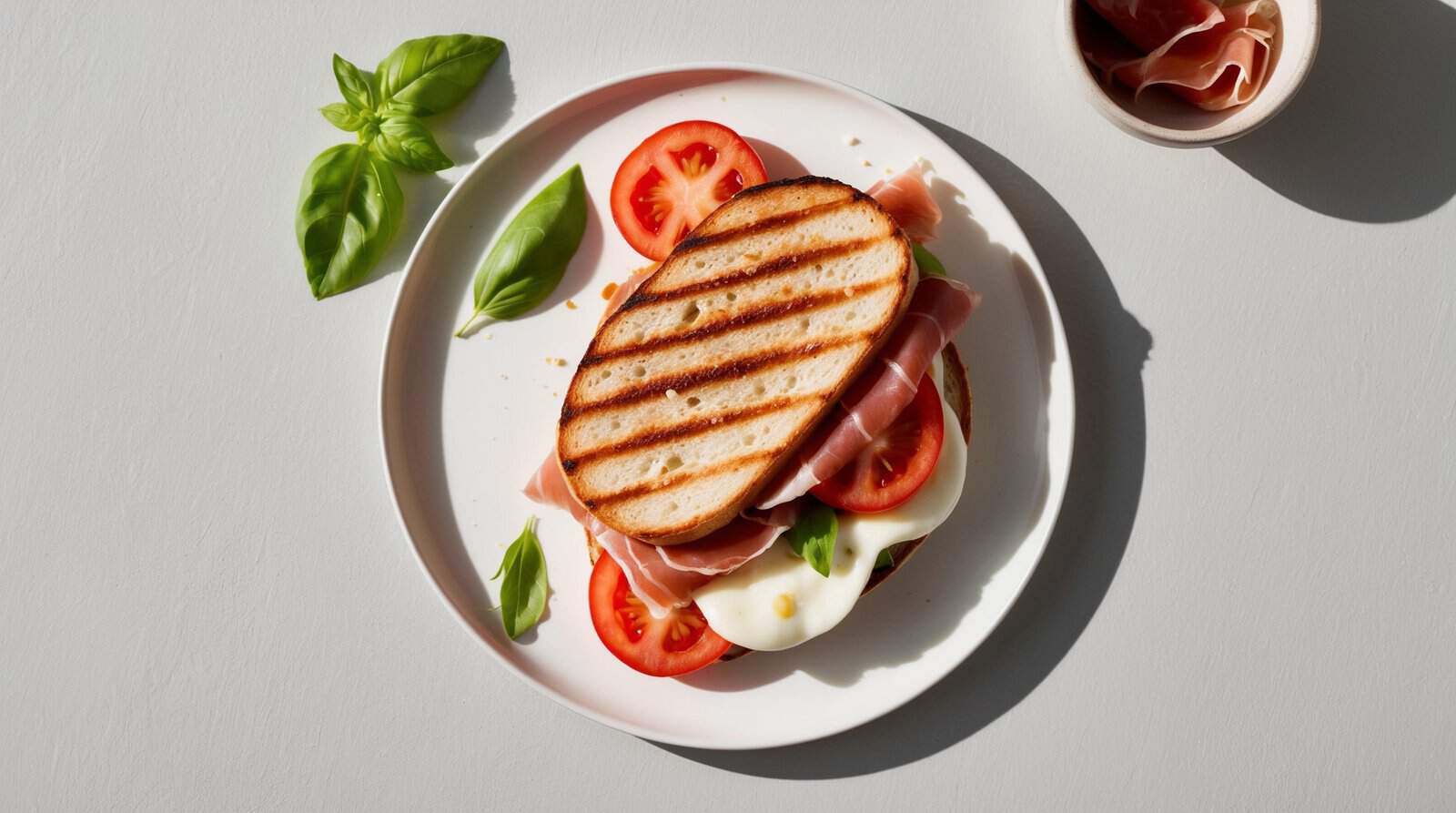 A classic Italian grilled panini with tomatoes, mozzarella, and prosciutto on a white plate garnished with basil.