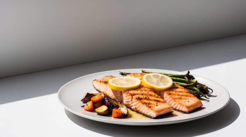 A white plate with grilled salmon fillets topped with lemon slices, served alongside vegetables like asparagus, cherry tomatoes, and zucchini; auto-drafted to perfection.