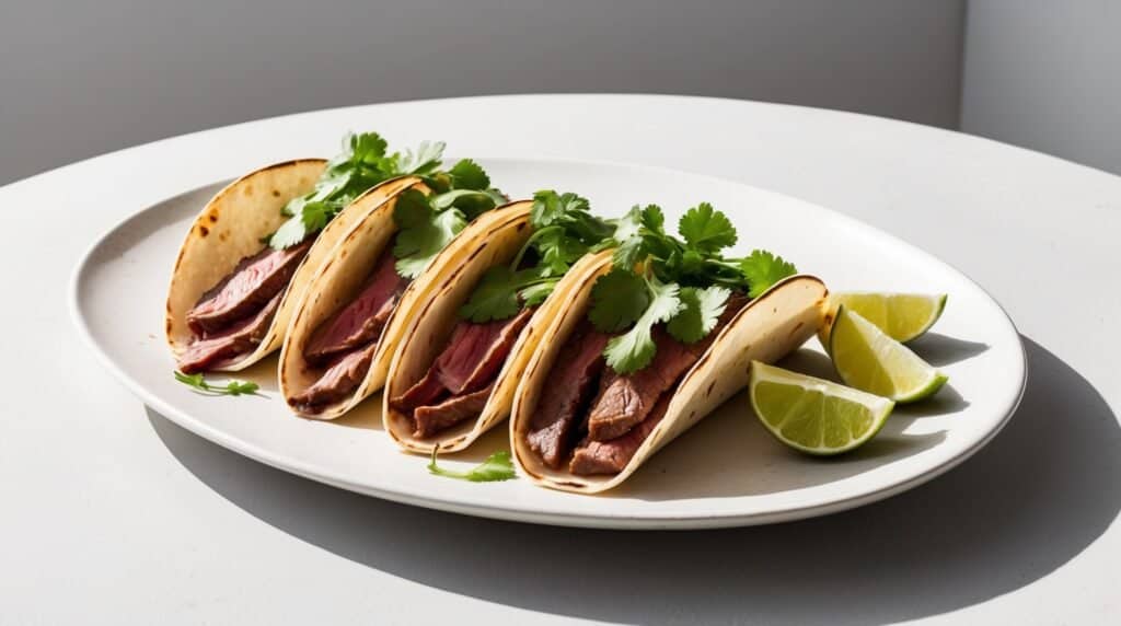 A white plate features four grilled steak tacos garnished with cilantro, accompanied by lime wedges placed on the side—an irresistible recipe for any taco enthusiast.