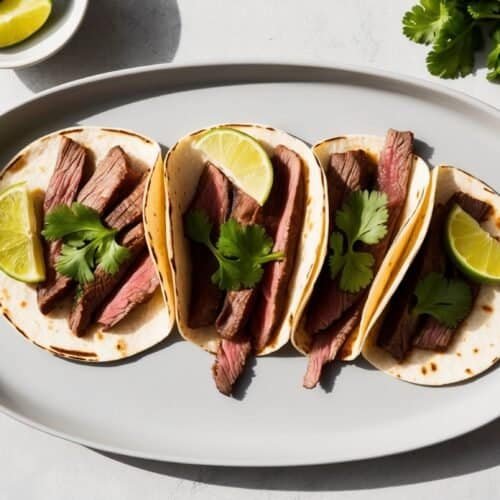 Three grilled steak tacos garnished with lime wedges and cilantro are arranged on an oval plate, with a small bowl of lime wedges and a bunch of cilantro beside the plate.