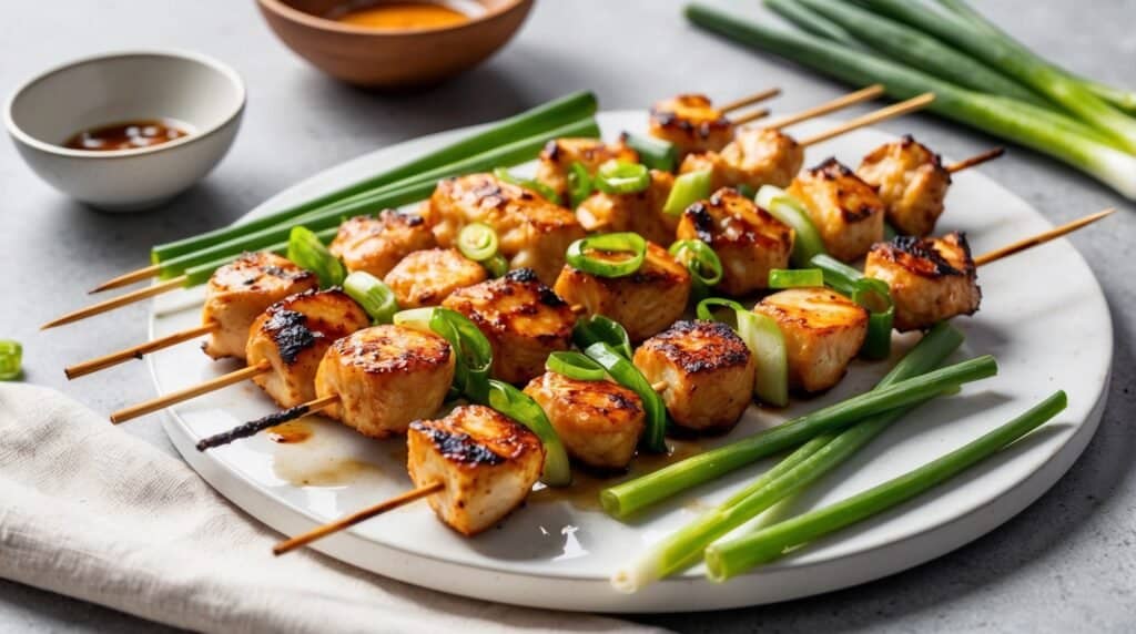 Grilled Yakitori chicken skewers garnished with chopped green onions, served on a plate with green onions and dipping sauces on the side—an easy recipe for a delicious meal.