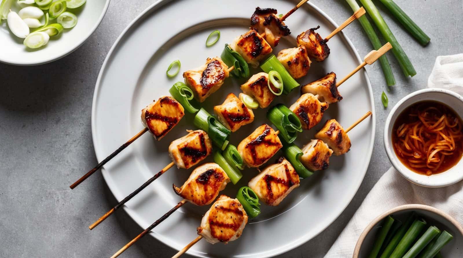 Enjoy this easy recipe for grilled chicken skewers with green vegetables on a white plate, accompanied by sliced green onions and a bowl of dipping sauce, reminiscent of traditional Grilled Yakitori.