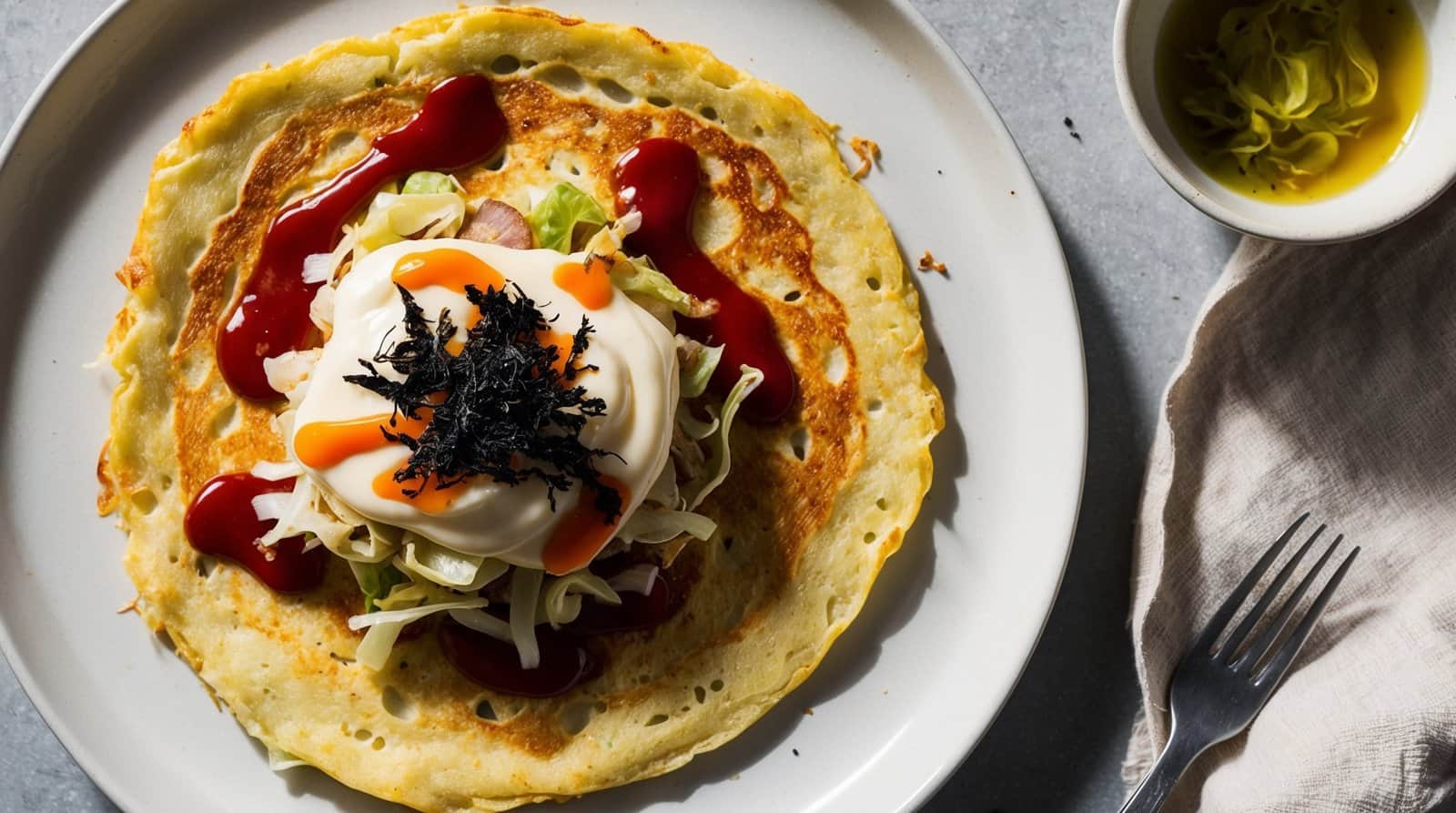 A plate with a savory crepe, reminiscent of an easy homemade okonomiyaki recipe, is topped with shredded cabbage, a dollop of mayonnaise, seaweed, and drizzled with red sauce. A small bowl with a yellow liquid is on the side, along with a fork and napkin.