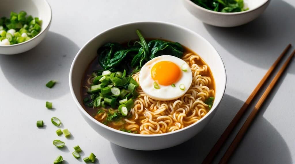 A bowl of quick, tasty ramen with a poached egg on top, garnished with fresh green onions and spinach, placed on a gray surface with chopsticks and bowls containing additional green onions and spinach.