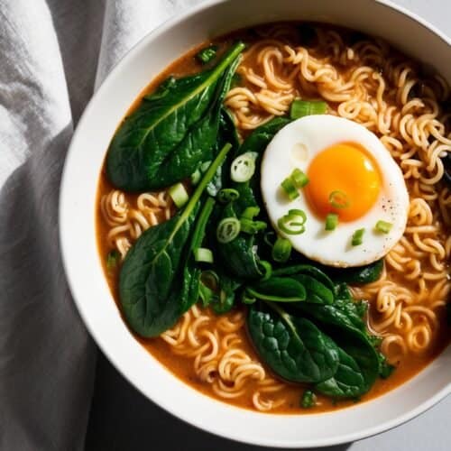 A bowl of instant ramen with broth, spinach, a soft-boiled egg, and sliced green onions, placed next to a white cloth. Black chopsticks rest on the bowl's edge. This tasty recipe is perfect for when you're short on time.