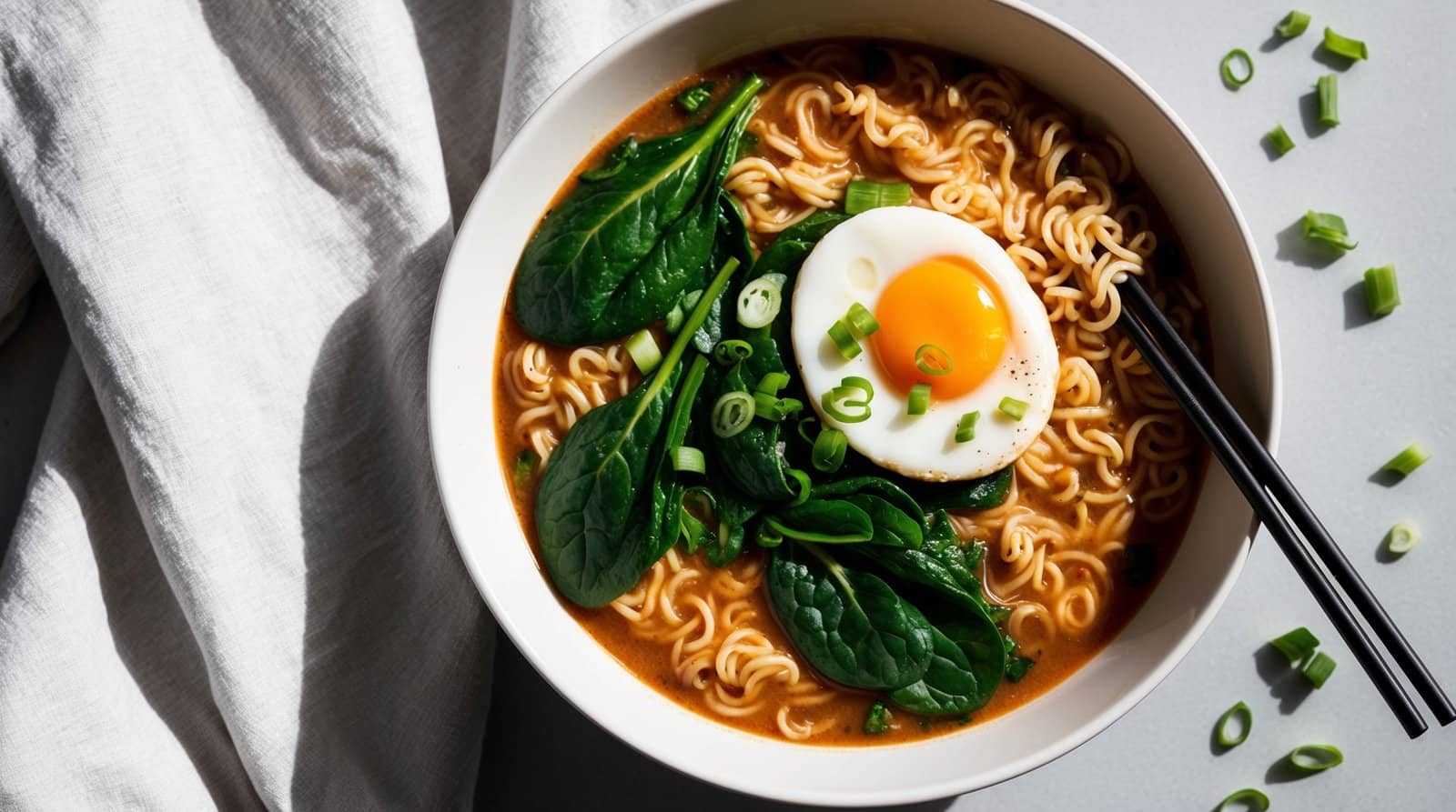 A bowl of instant ramen with broth, spinach, a soft-boiled egg, and sliced green onions, placed next to a white cloth. Black chopsticks rest on the bowl's edge. This tasty recipe is perfect for when you're short on time.