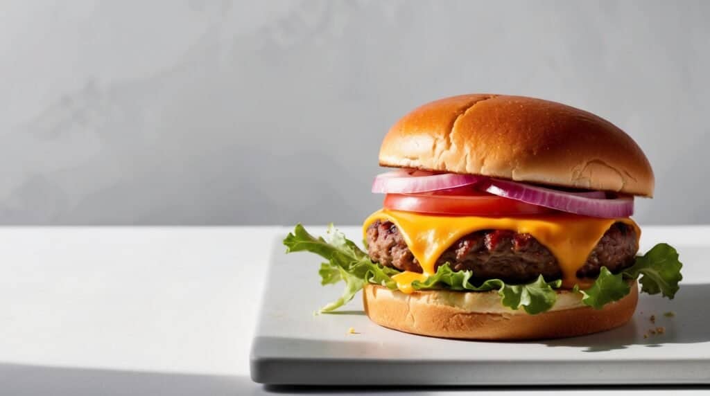 A cheeseburger on a light-colored plate with layers of lettuce, beef patty, melted cheese, tomato, and red onion, on a sesame seed bun—the ultimate burger for your cheat meal.