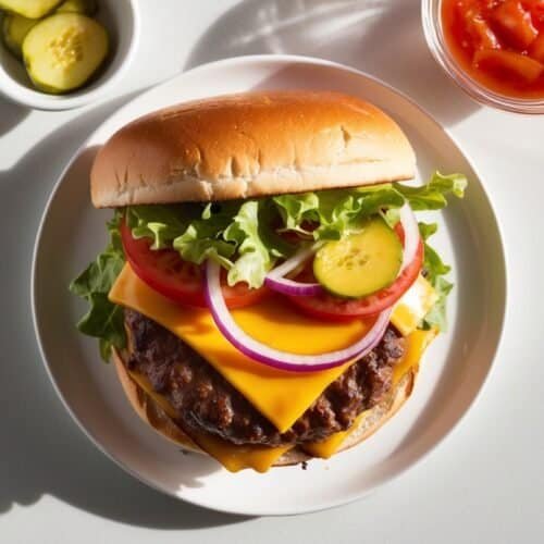 An ultimate cheeseburger with lettuce, tomato, cucumber, onion, and cheese in a bun, served on a white plate. Sliced pickles in a small bowl and a container of ketchup are beside the plate—perfect for your cheat meal.