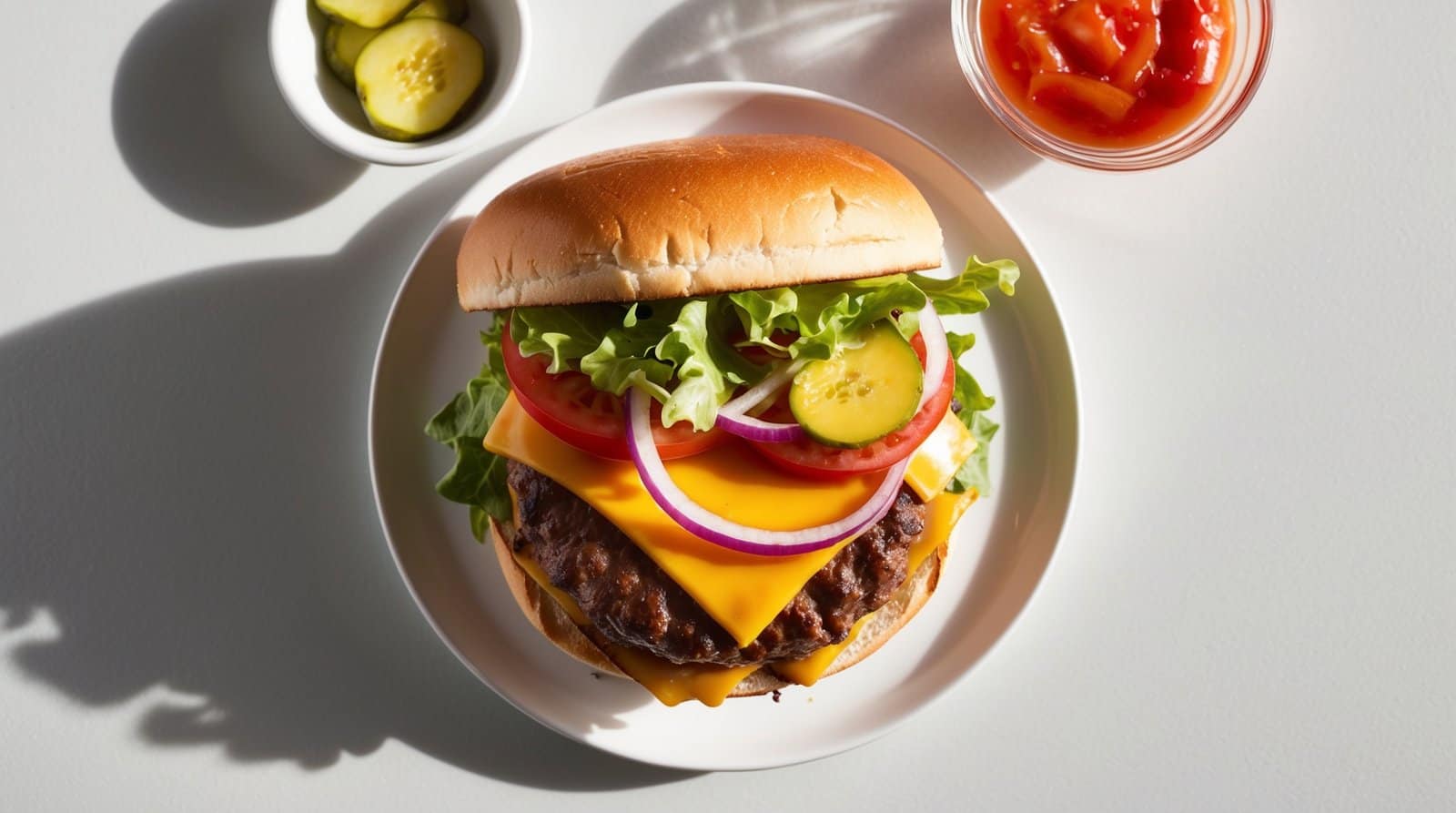 An ultimate cheeseburger with lettuce, tomato, cucumber, onion, and cheese in a bun, served on a white plate. Sliced pickles in a small bowl and a container of ketchup are beside the plate—perfect for your cheat meal.