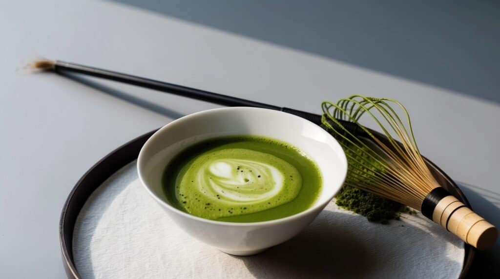A bowl of matcha tea with a swirl of milk on top is placed on a white napkin, accompanied by a bamboo whisk and a tea scoop—truly the perfect matcha recipe.