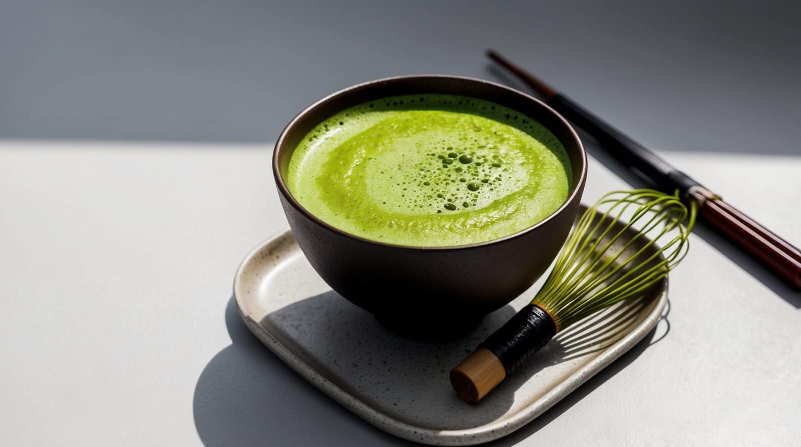 A bowl of green matcha tea, embodying the perfect matcha, is placed on a square plate. A bamboo whisk and chopsticks are positioned beside the bowl, ready to complete this serene matcha tea experience.