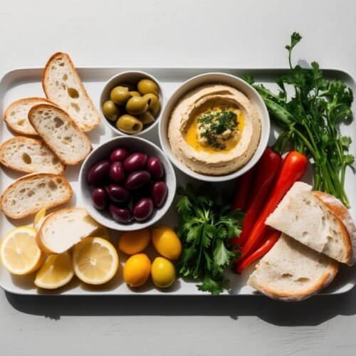 A tray with sliced bread, a bowl of hummus, green and purple olives, lemon slices, red bell peppers, cherry tomatoes, and parsley on a white surface creates the perfect authentic mezze platter.