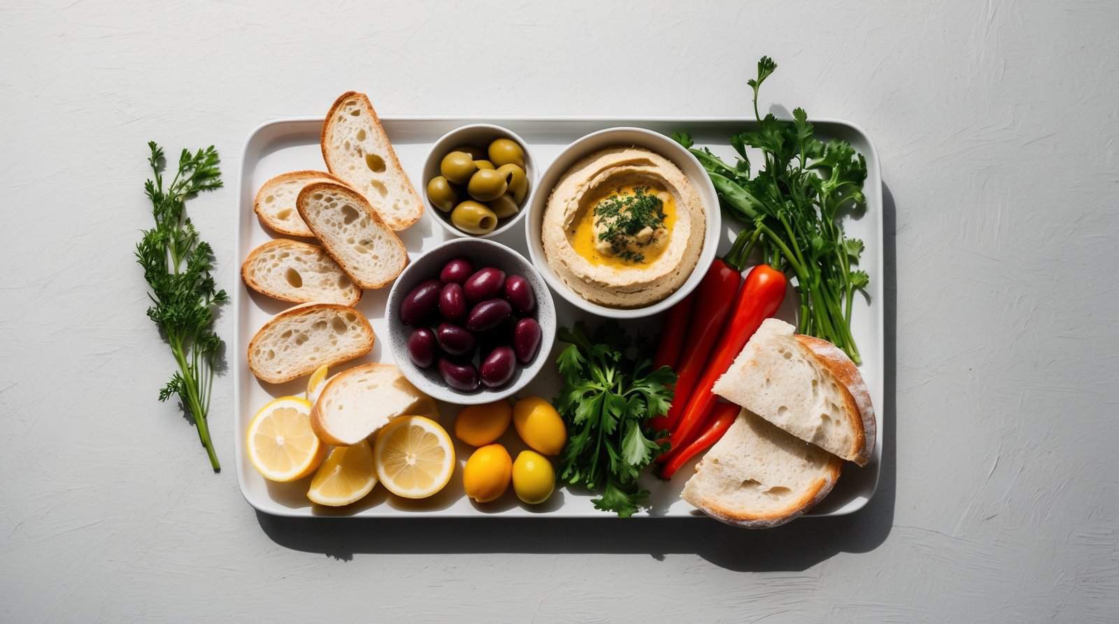 A tray with sliced bread, a bowl of hummus, green and purple olives, lemon slices, red bell peppers, cherry tomatoes, and parsley on a white surface creates the perfect authentic mezze platter.
