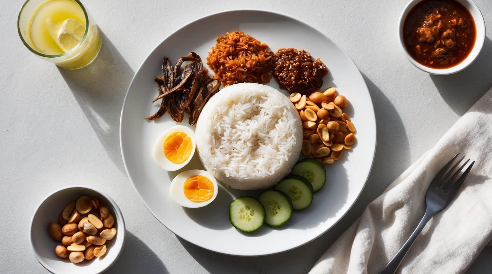 A plate of authentic Nasi Lemak surrounded by boiled eggs, cucumber slices, anchovies, nuts, and various sauces. A bowl of peanuts, a drink with a lemon slice, and a bowl of sauce on the side completes this traditional recipe.