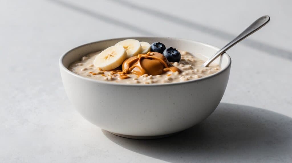 A bowl of protein-packed oatmeal topped with banana slices, blueberries, and a dollop of peanut butter, with a spoon in the bowl.