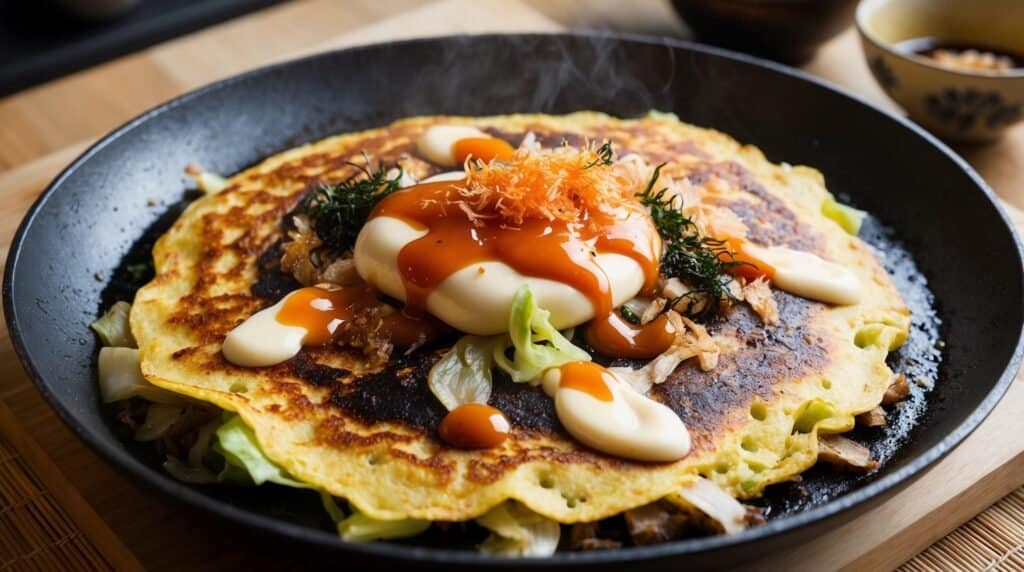 A close-up of a freshly cooked okonomiyaki in a skillet topped with mayonnaise, okonomiyaki sauce, bonito flakes, and shredded seaweed. Steam is visibly rising from the hot Japanese savory pancake, showcasing the essence of traditional Japanese cuisine.