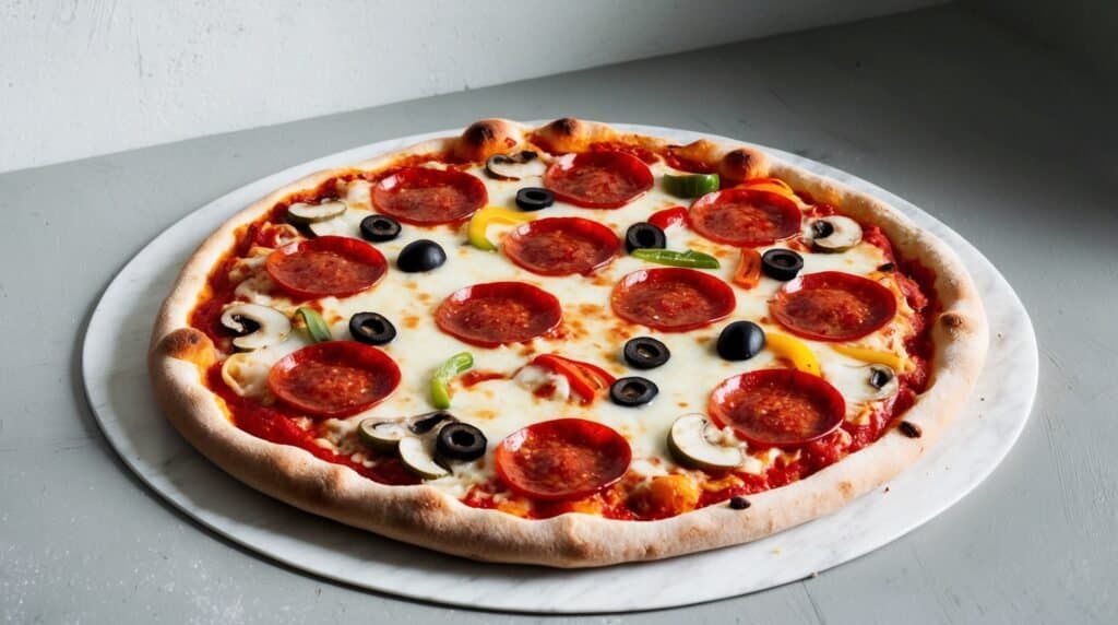 A homemade pepperoni pizza with fresh toppings like cheese, olives, mushrooms, and green peppers is placed on a marble surface.